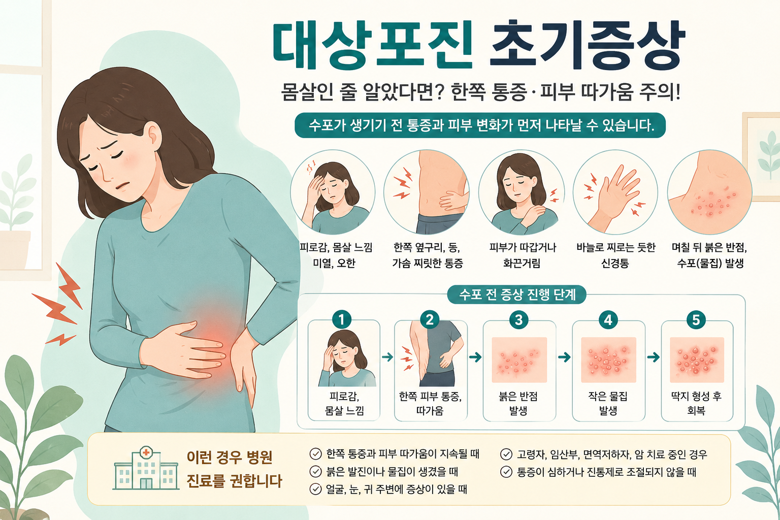 대상포진 초기증상인 옆구리 통증과 피부 따가움을 설명하는 건강 정보 이미지