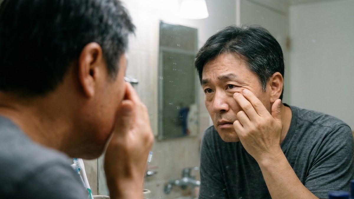 거울 앞에서 한쪽 눈가와 볼을 만져 보며 살피는 중년 남성