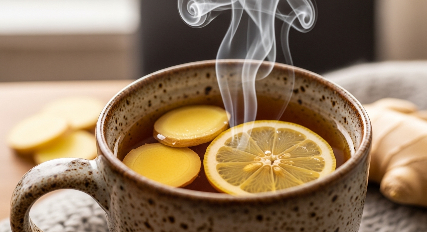 따뜻한 김이 피어오르는 생강차 한 잔과 레몬 조각이 놓인 포근한 이미지