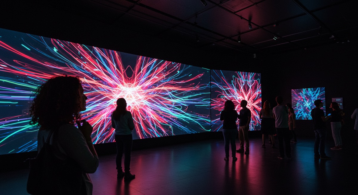 화려한 미디어아트 작품을 감상하고 있는 사람들의 뒷모습