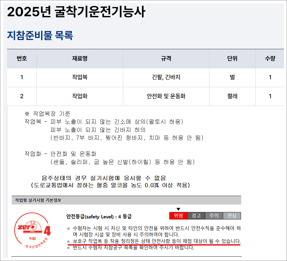 굴착기운전기능사 실기 준비물 복장.