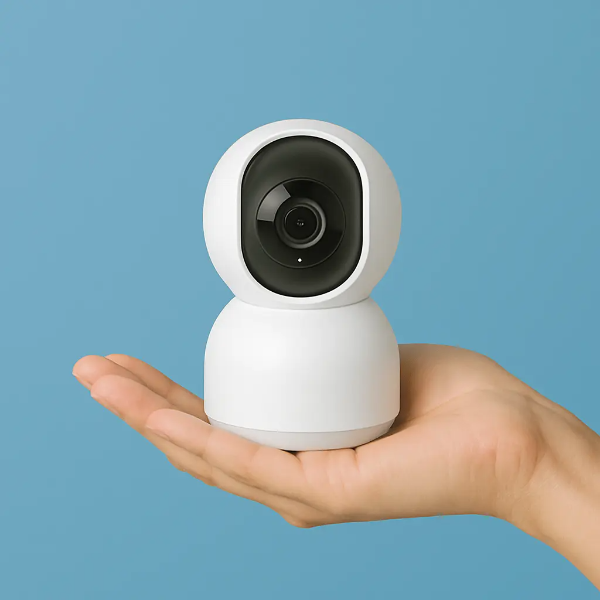 손바닥 위에 놓인 흰색 실내용 보안카메라 스튜디오컷 이미지