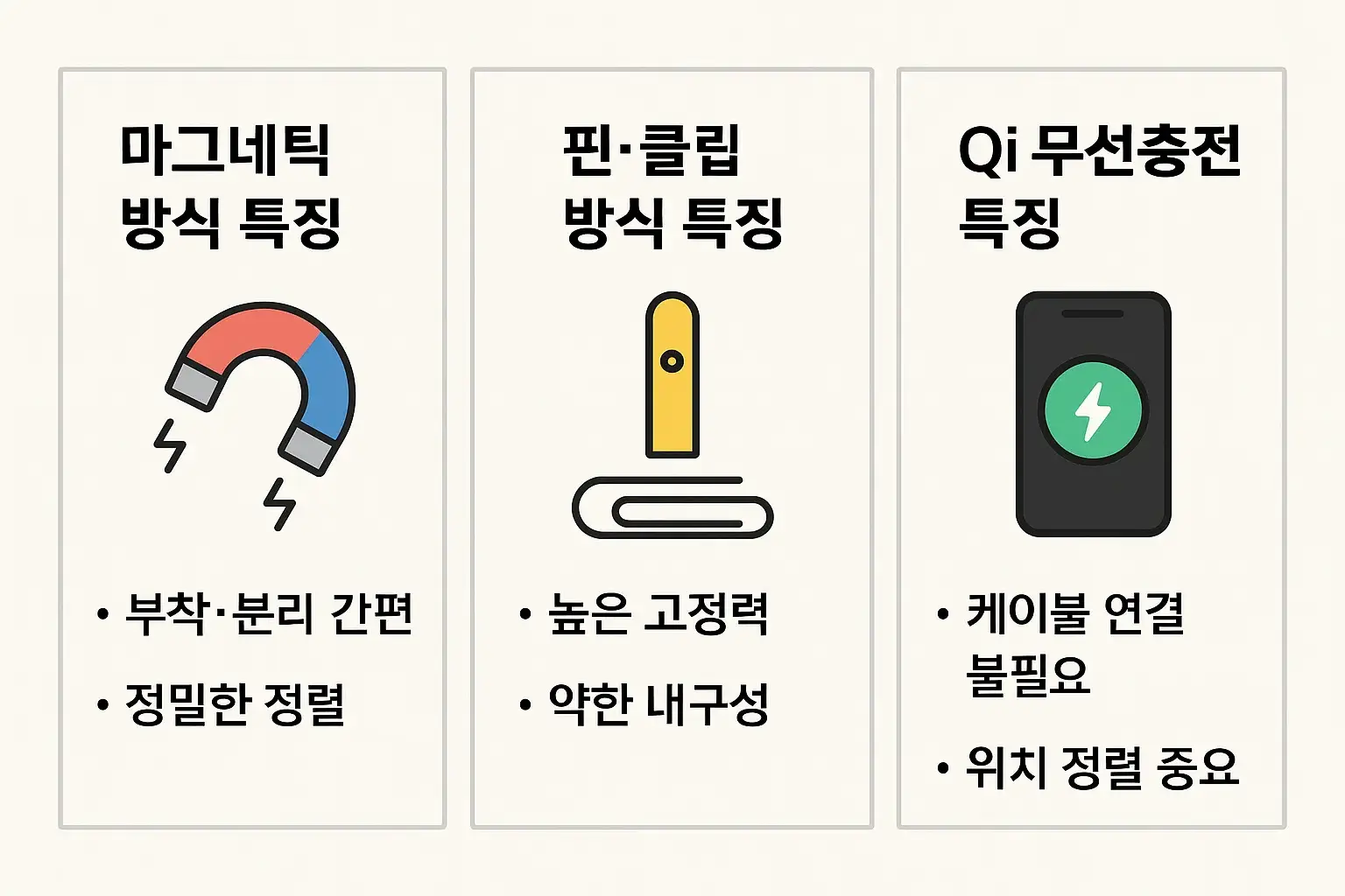 마그네틱, 핀·클립, Qi 무선충전 방식의 특징·호환성·속도 등을 비교해 스마트워치 충전기 선택에 도움을 주는 인포그래픽