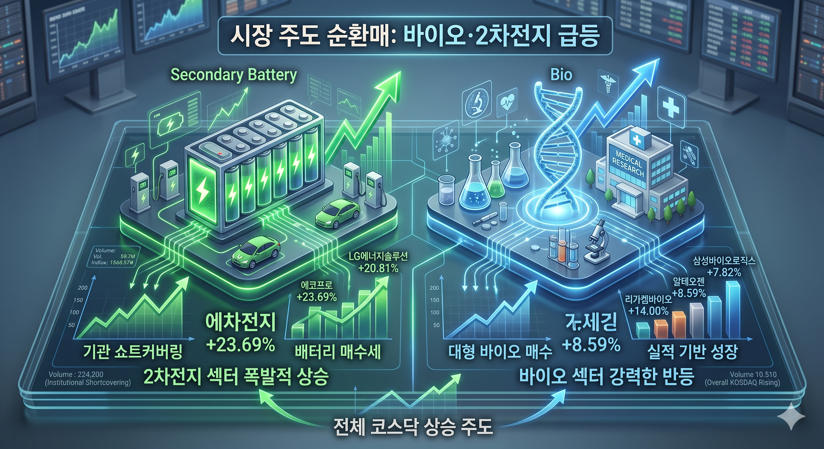 바이오 및 2차전지 섹터 주가 상승 그래프 분석 화면