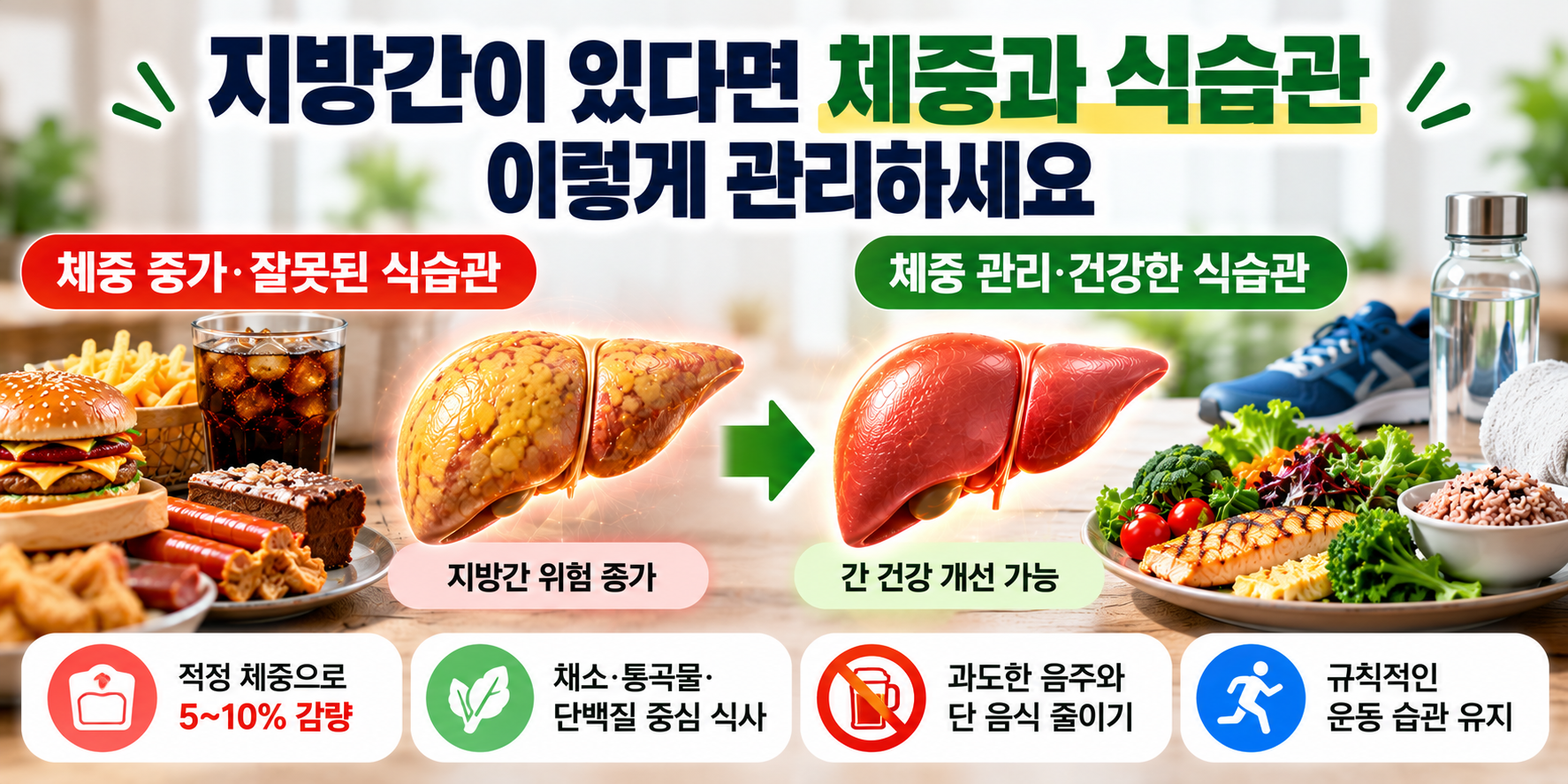 지방간 체중 관리와 식습관 개선 방법, 채소&middot;통곡물&middot;단백질 중심 식사 및 운동