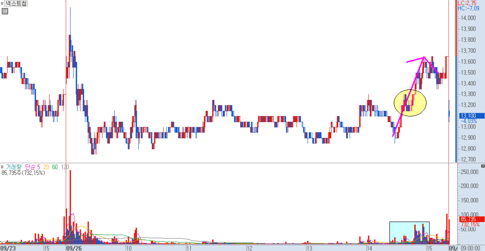 넥스트칩 분봉 차트