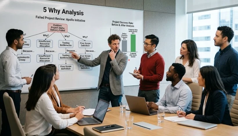 대형 화이트보드 앞에서 '5 Why Analysis' 차트를 가리키며 프로젝트 실패의 근본 원인을 분석하고 성공률 89% 도달 전략을 팀원들과 논의하고 있는 모습