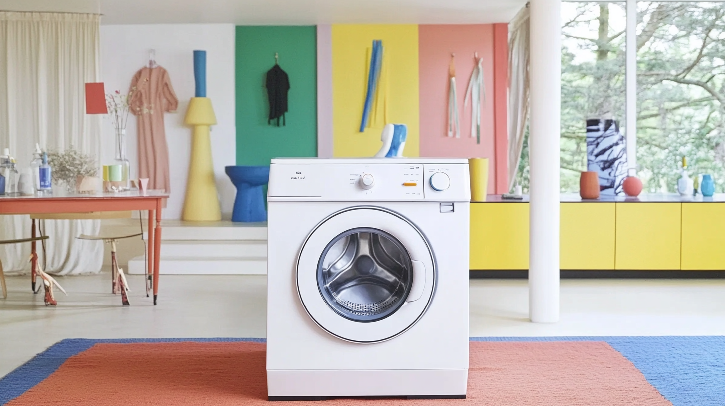 넓은 오픈 플랜 홈에 설치된 자동 세제 시스템을 갖춘 미래형 세탁기로, 스타일과 기능성을 동시에 제공합니다.