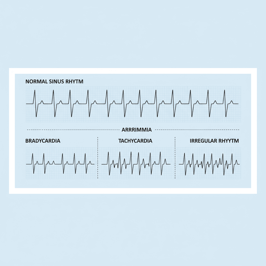 정상 심장 리듬과 부정맥(서맥·빈맥·불규칙 박동) 비교