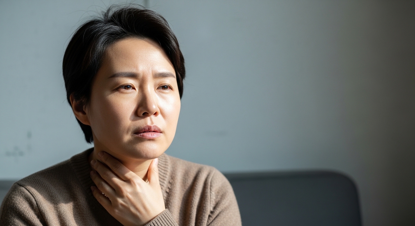 실내 공기가 건조할 때 목이 간질거리는 불편한 상황 모습