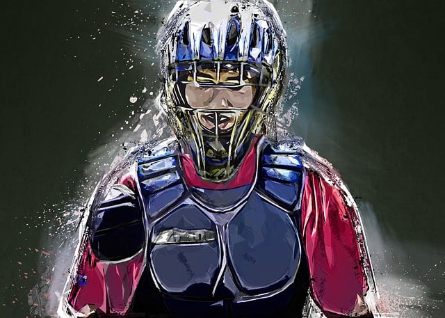 보호 장비를 착용한 야구 포수의 얼굴과 상반신을 거친 붓 터치와 스프레이 효과로 표현한 디지털 아트워크.