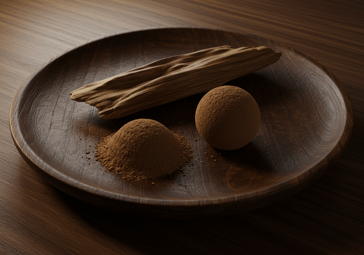 나무 접시에 놓인 침향 원목, 침향 분말, 침향환 실사 이미지