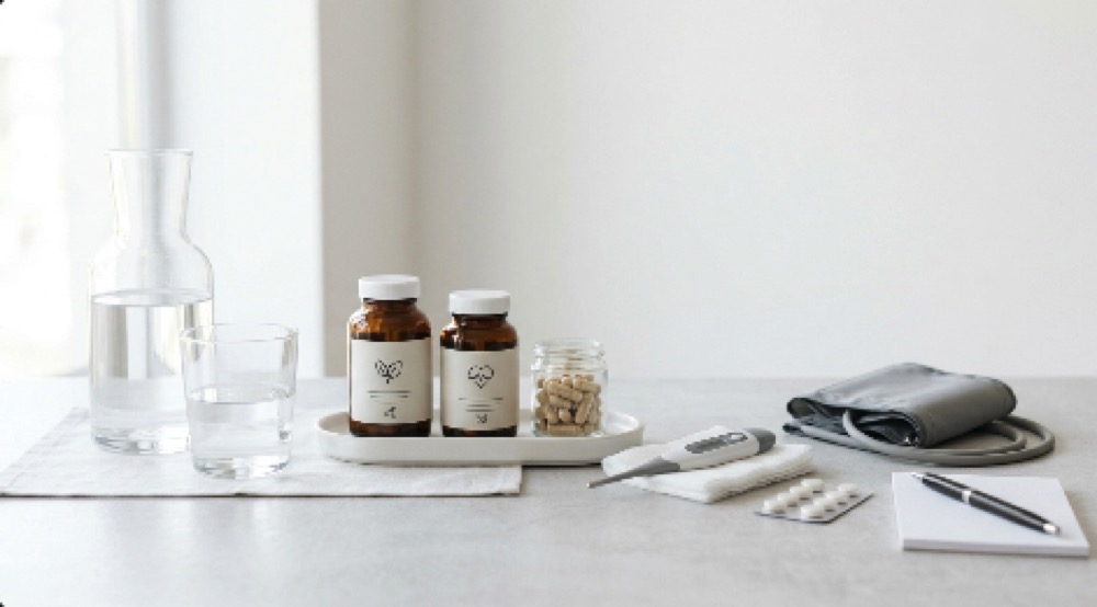 알부민 영양제와 물이 함께 놓인 깔끔한 구성