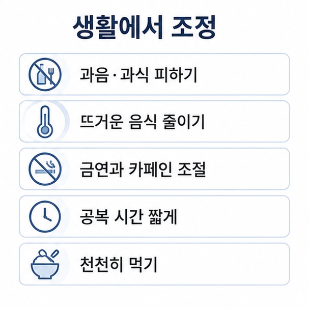 위염 생활 관리법, 과음과 과식 피하기, 뜨거운 음식과 카페인 조절, 공복 시간 관리 등을 정리한 목록