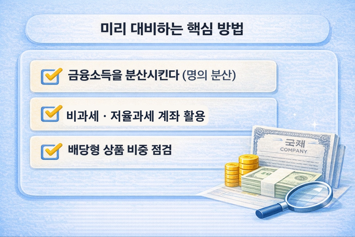 금융소득종합과세를 대비하는 핵심 방법으로 소득 분산, 비과세·저율과세 계좌 활용, 배당형 상품 비중 점검의 세 가지 전략이 체크리스트 형태로 정리된 인포그래픽 이미지