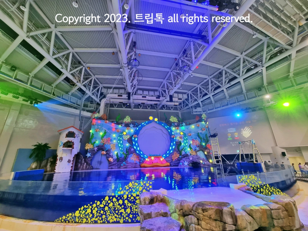 커다란 수영장같은 수조와 무대가 있다. 왼쪽에 성이 있고 오른쪽엔 커다안 그네가 천장엔 링과 바구니가 있다.