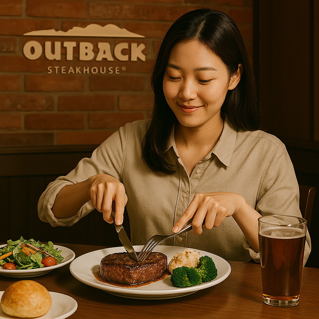 아웃백에서 스테이크 먹는 여자 사진