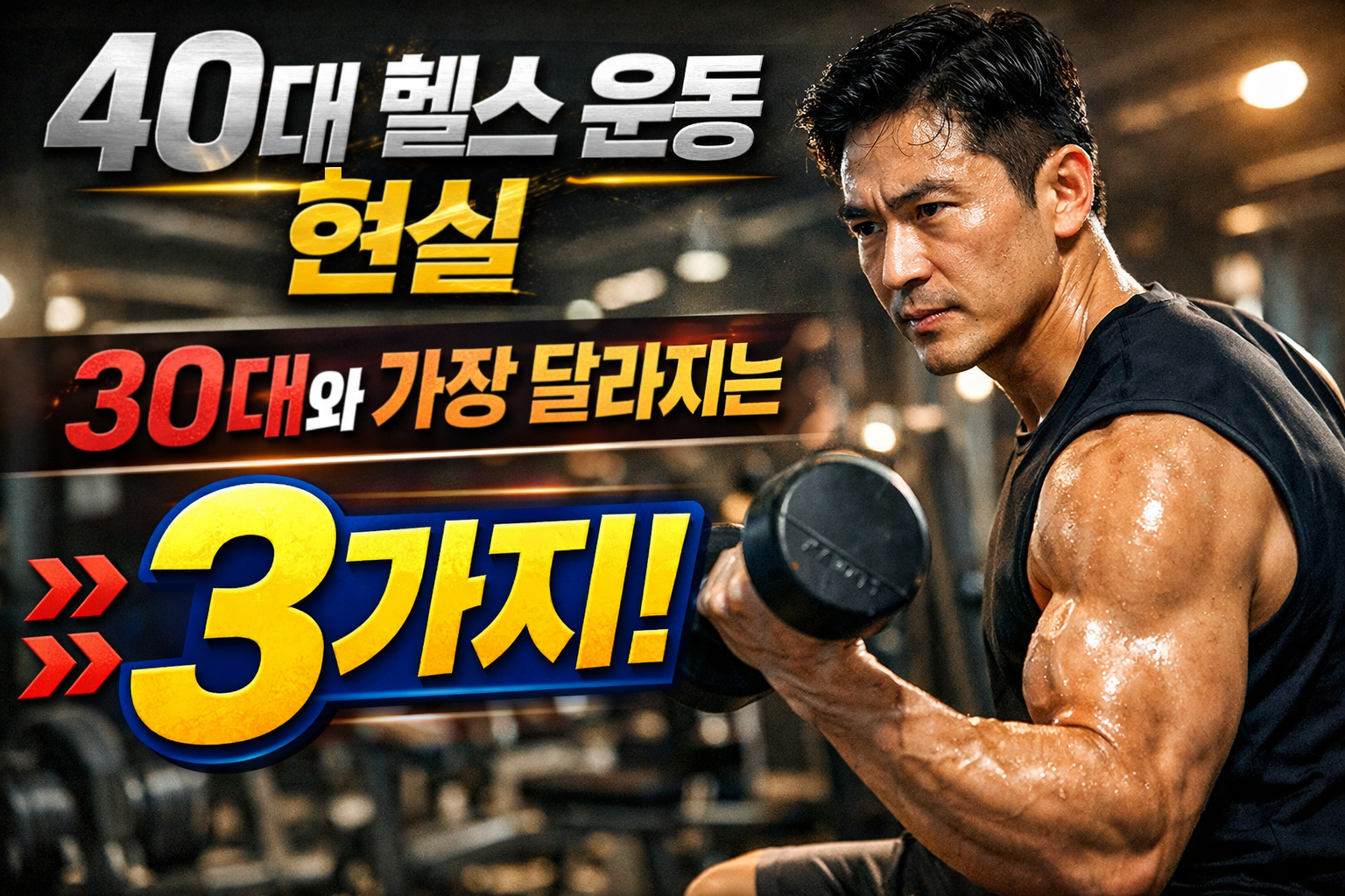 40대 헬스 운동 현실을 설명하며 30대와 달라지는 회복, 강도, 지속성 기준을 강조한 헬스 썸네일 이미지