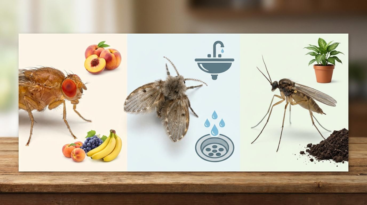 주요 실내 해충 3종(초파리, 나방파리, 뿌리파리) 특징 및 서식지 비교 차트