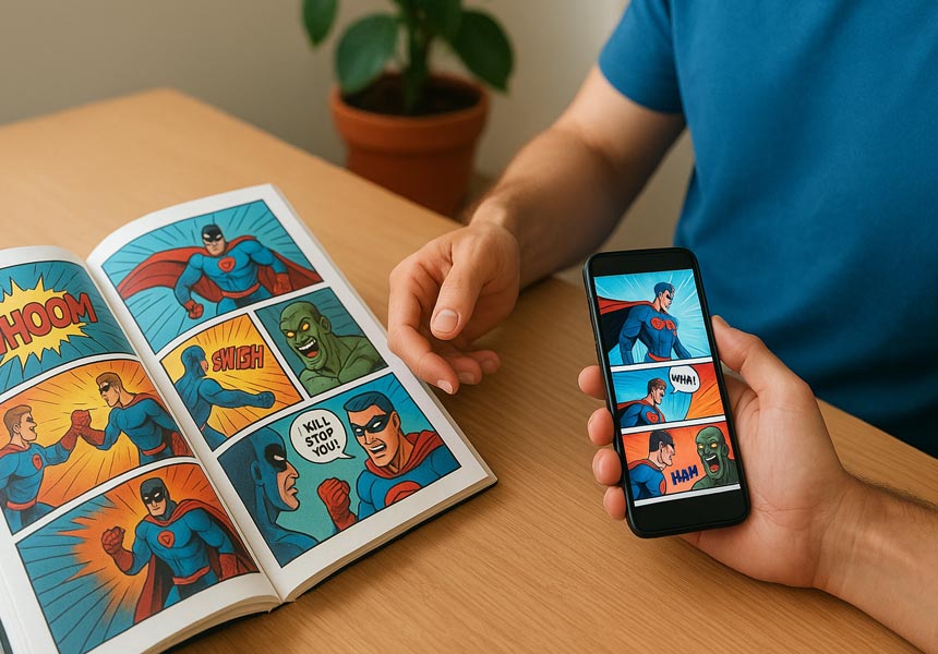 종이 만화책과 스마트폰으로 웹툰을 동시에 보는 모습