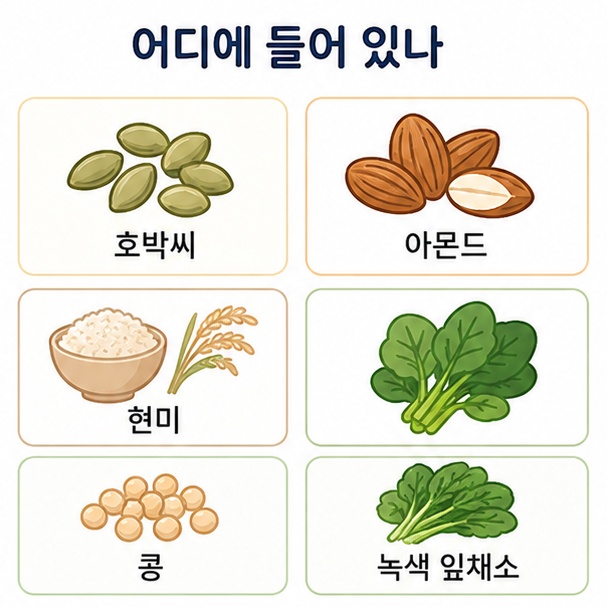 마그네슘 급원 식품, 호박씨와 아몬드, 현미와 귀리, 콩, 녹색 잎채소를 그린 아이콘 모음