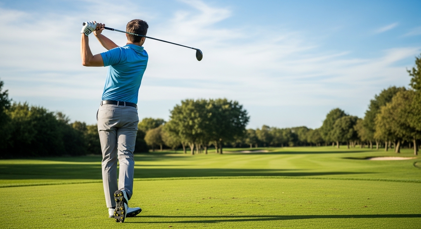 아름다운 골프 코스에서 균형 잡힌 스윙 피니시 자세를 취하고 있는 아마추어 골퍼.