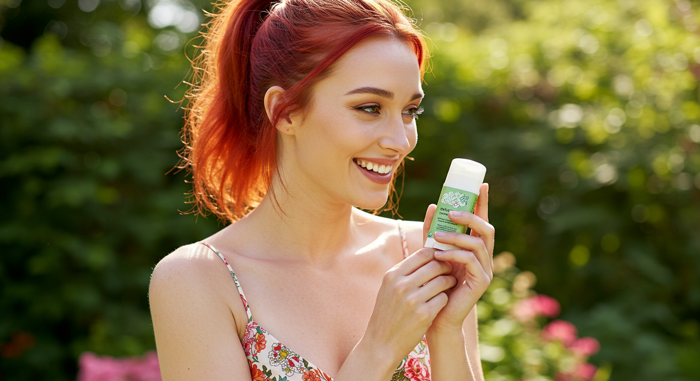 천연 데오드란트를 사용하고 미소를 짓고 있는 여성