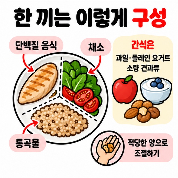 달걀 두부 생선 채소 현미 콩 플레인 요거트와 과일을 다이어트 음식 예시로 보여주는 카드