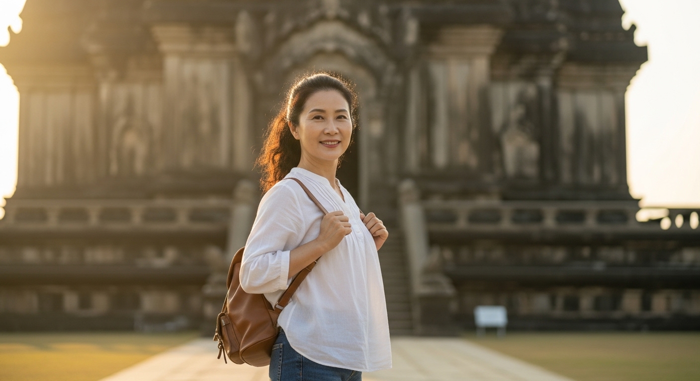 50대 한국인 여성 여행자, 고즈넉한 사원 앞에서 웃는 모습