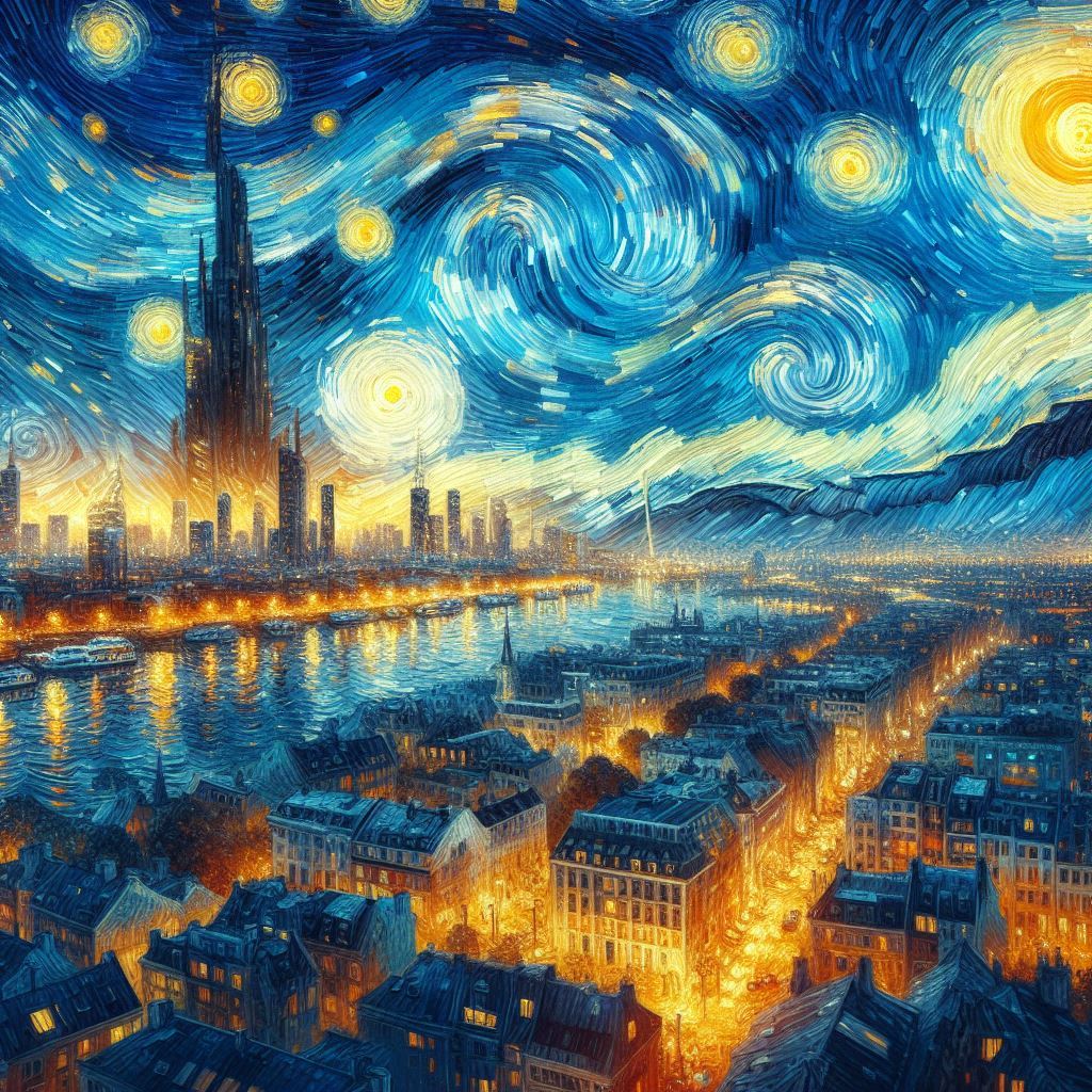 소용돌이치는 별이 있는 도시 야경&amp;#44; 빈센트 반 고흐 스타일로&amp;#44; 후기 인상주의&amp;#44; 역동적인 소용돌이치는 붓터치&amp;#44; 생생한 파란색과 노란색&amp;#44; 표현적 하늘&amp;#44; 반 고흐 기법의 도시 풍경