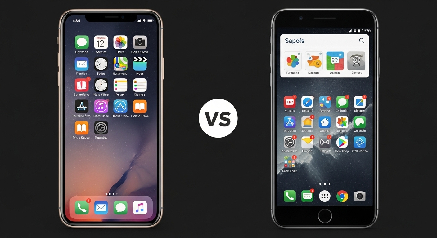 최신 iOS가 설치된 아이폰과 구형 안드로이드 OS가 설치된 스마트폰을 나란히 비교하는 이미지.