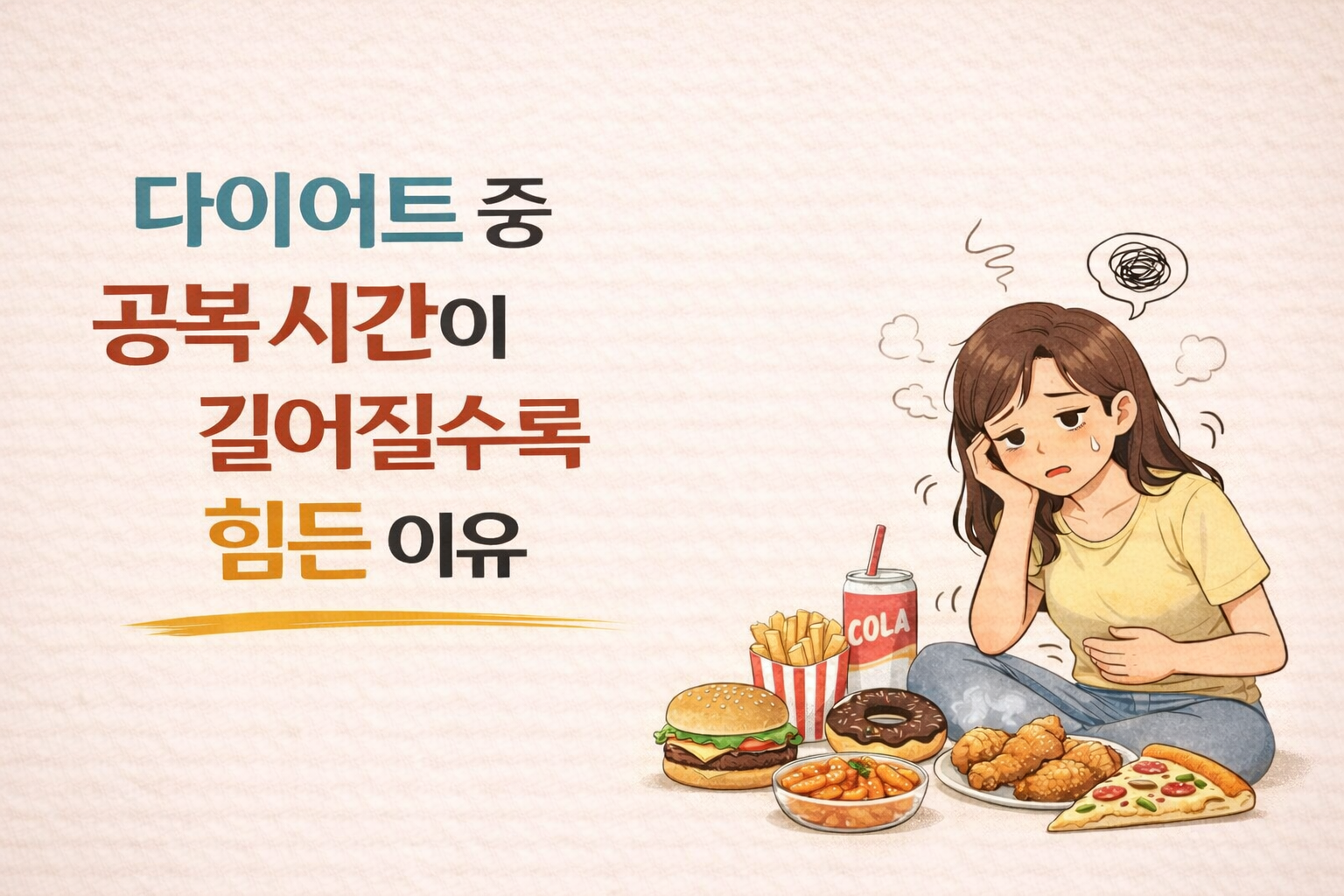 밝은 베이지색 배경 위에 &lsquo;다이어트 중 공복 시간이 길어질수록 힘든 이유&rsquo;라는 문구와 공복으로 지친 표정의 여성, 주변에 패스트푸드가 놓인 일러스트가 함께 있는 대표 이미지
