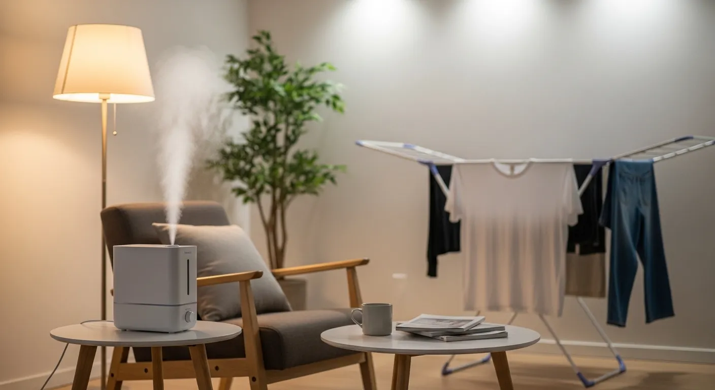 가습기가 놓인 한국 아파트의 아늑한 공간. 젖은 빨래가 건조대에 걸려 실내 습도 조절에 도움을 주는 모습.