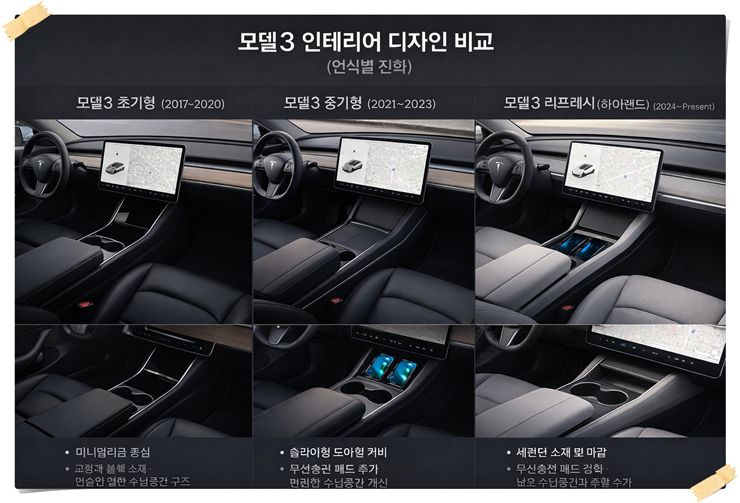 모델3 연식별 센터 콘솔 및 인테리어 디자인 비교