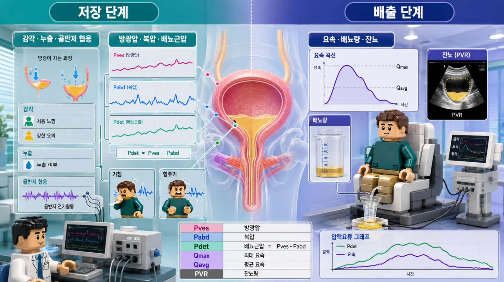 요역동학검사의 저장 단계와 배출 단계, 방광압·요속·잔뇨 측정 과정을 설명하는 의료 인포그래픽