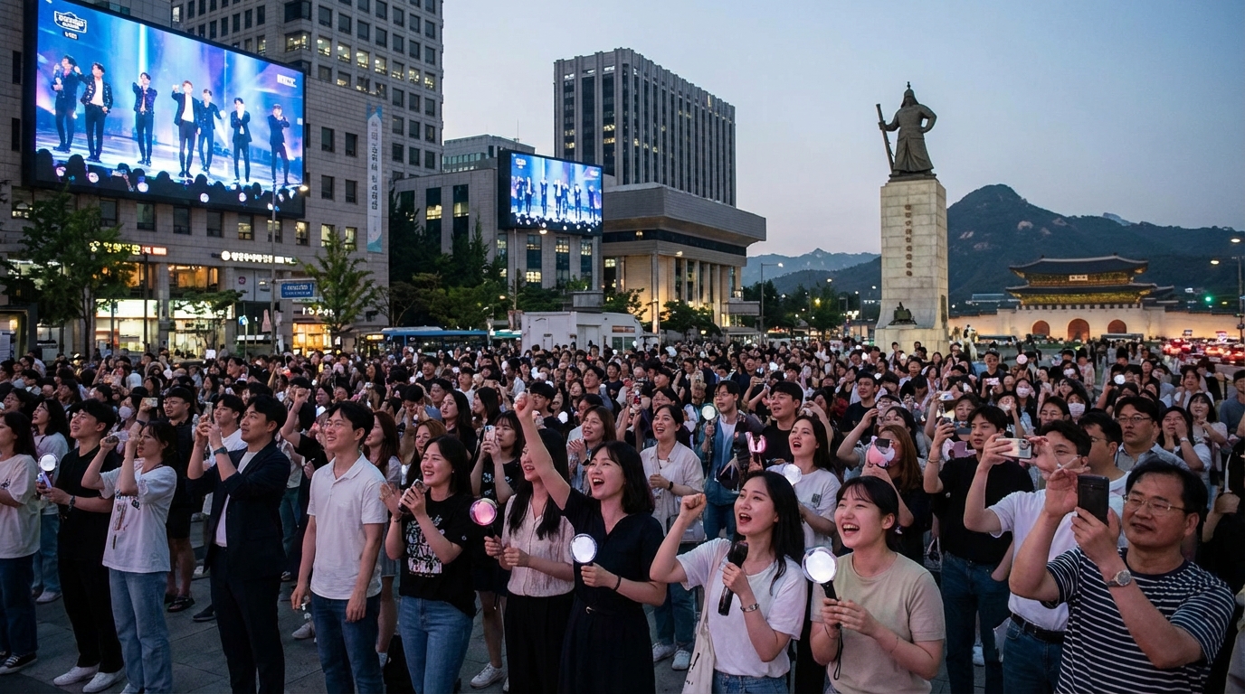 광화문 외곽 전광판을 통해 bts콘서트를 즐기는 시민들의 모습