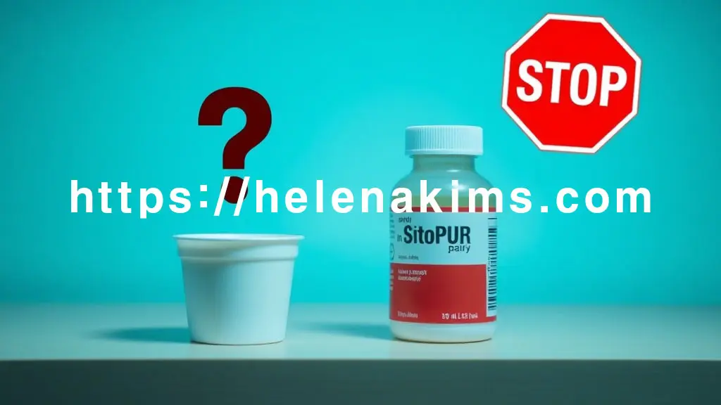 테이블 위, 플레인 요거트 컵과 감기약 병이 나란히 놓여 있다. 요거트 위에는 **큼지막한 물음표(❓)**가, 약병 위에는 빨간색 'STOP' 또는 '금지' 아이콘이 떠 있는 모습