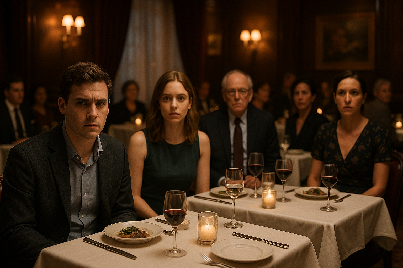 고급 레스토랑 내부에서 긴장한 표정으로 앉아 있는 다양한 손님들 사진