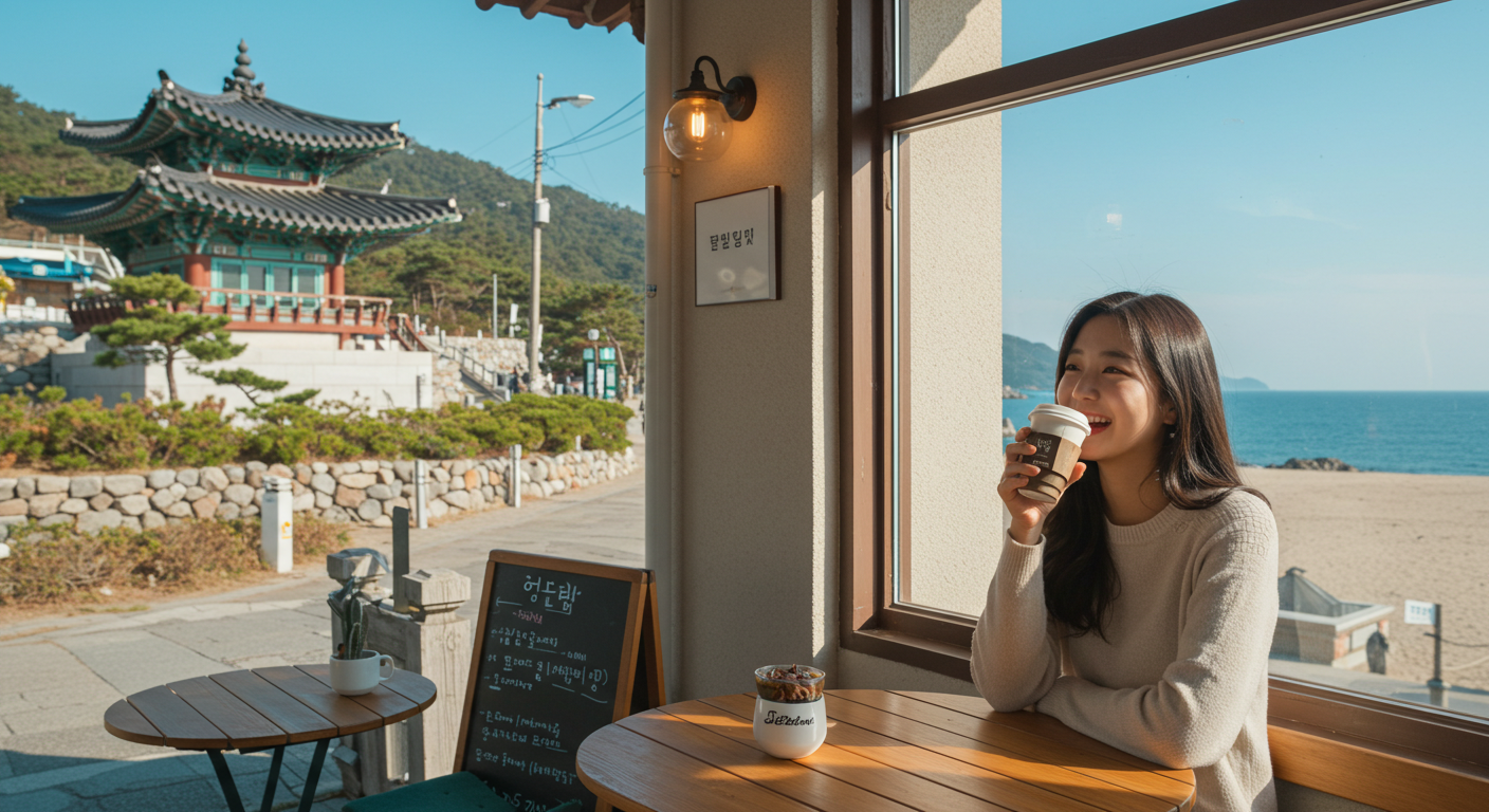 강릉 안목해변 카페에서 바다를 보며 커피 마시는 한국 여성
