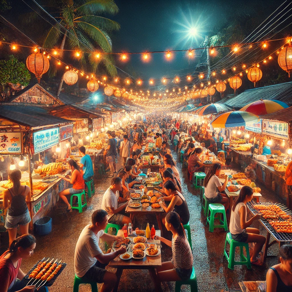 활기찬 보홀 야시장에서 다양한 길거리 음식을 즐기는 모습