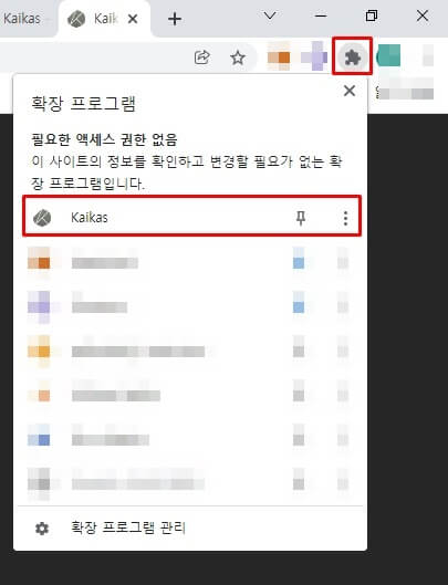 확장 프로그램 탭에서 카이카스 지갑이 보임
