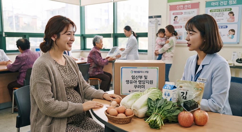 임산부가 보건소에서 영양식품을 지원받는 모습