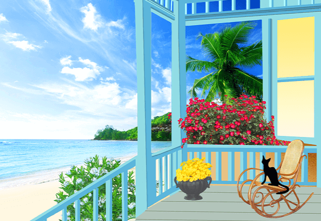 바닷가 풍경이다. 푸른 바다가 앞에 보이고, 아름다운 집의 베란다가 있다. 베란다에는 빨간 꽃과 안락의자가 있다.
