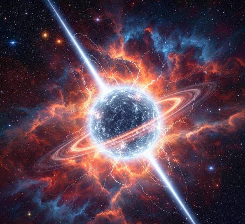 양방향으로 빛의 줄기를 뿜어내며 소용돌이치는 성운 속에 떠 있는 거대하고 신비로운 중성자별 일러스트.
