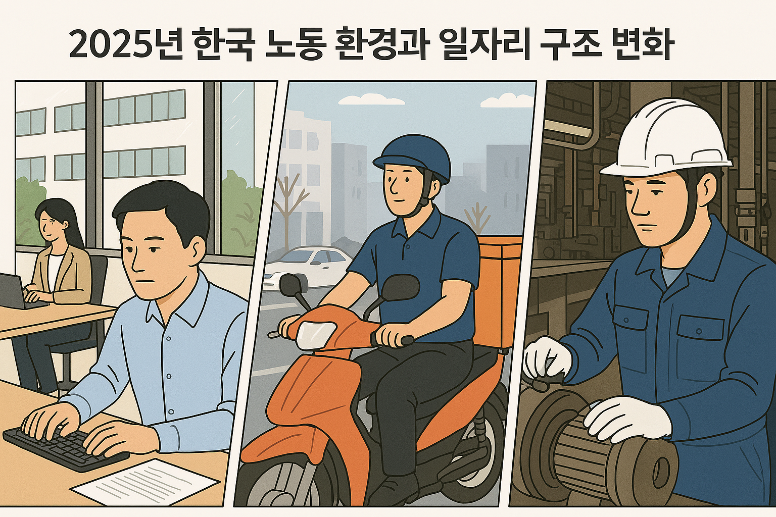 사무실 근무자, 배달 노동자, 공장 현장 등 다양한 노동 형태 인포그래픽