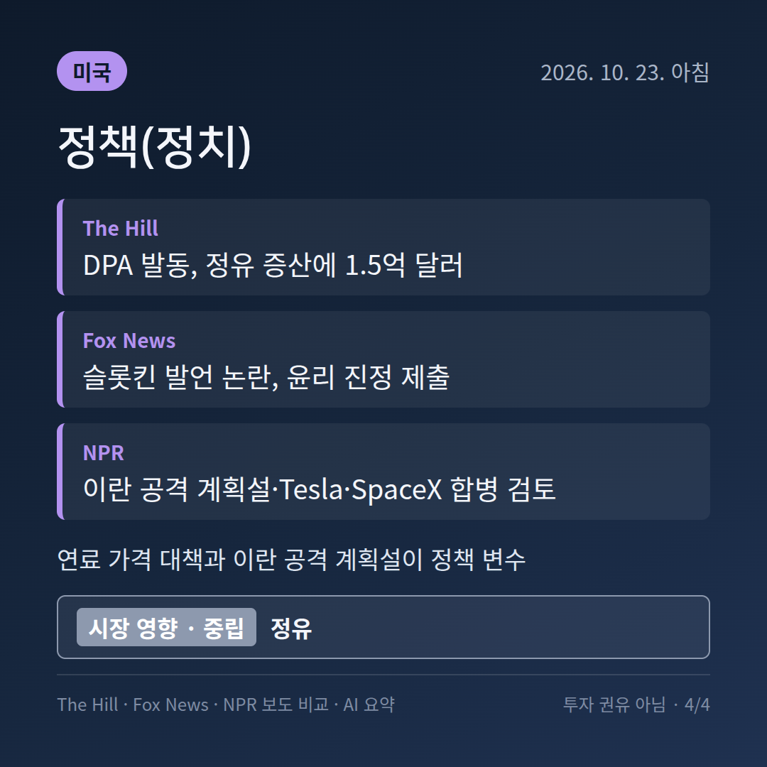 미국 정책(정치) 보도 비교 카드: 국방물자생산법&middot;예측시장&middot;Z세대 주거비