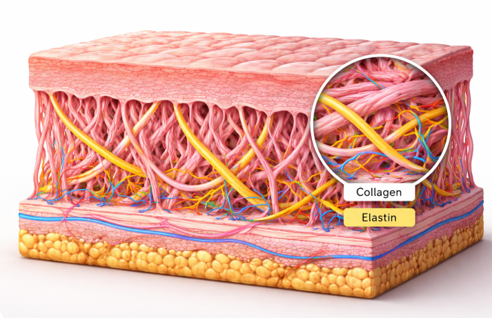진피층 단면 구조에서 콜라겐과 엘라스틴 섬유가 교차 배열된 모습