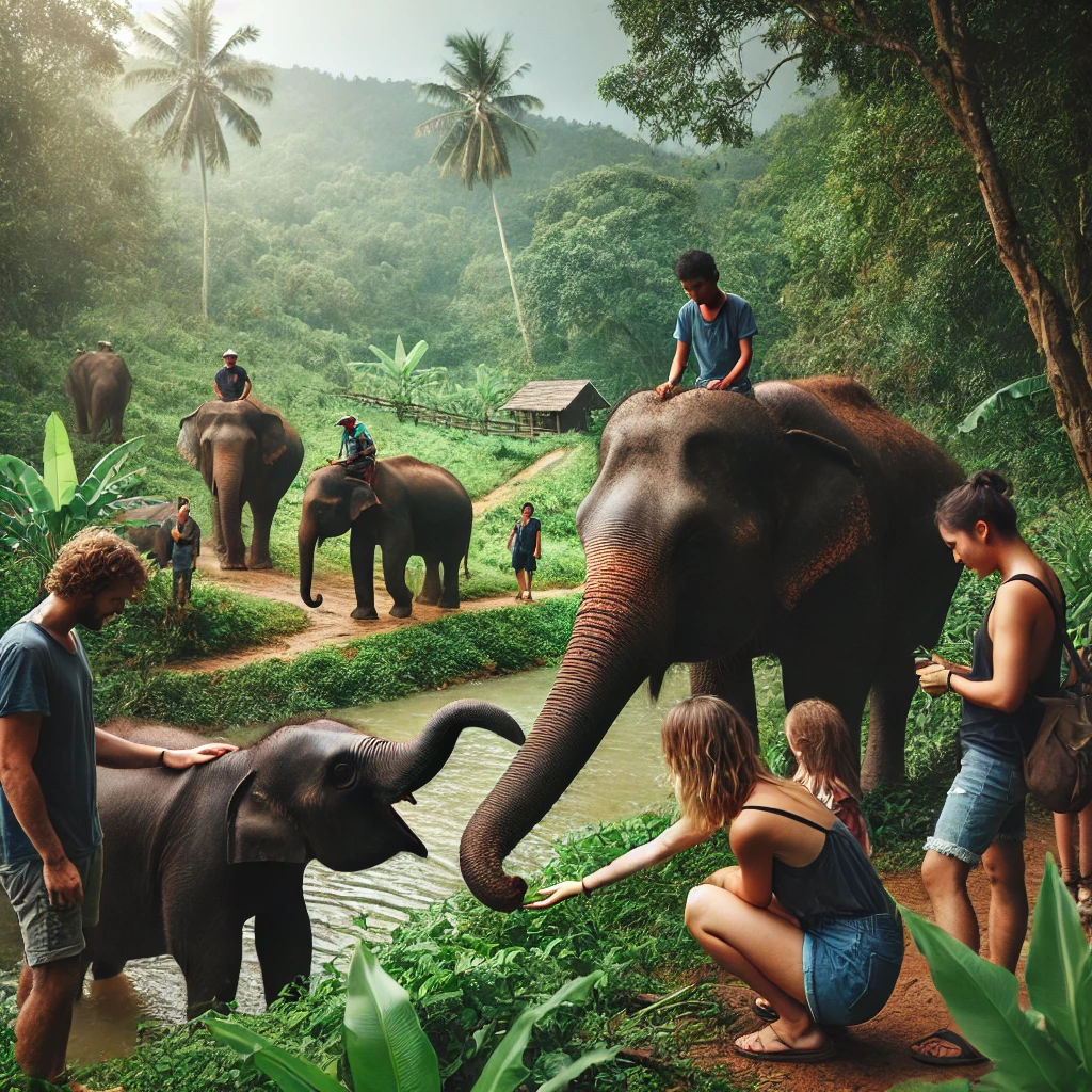 코끼리 보호구역에서 자유롭게 노니는 코끼리들과 관광객이 교감하는 모습