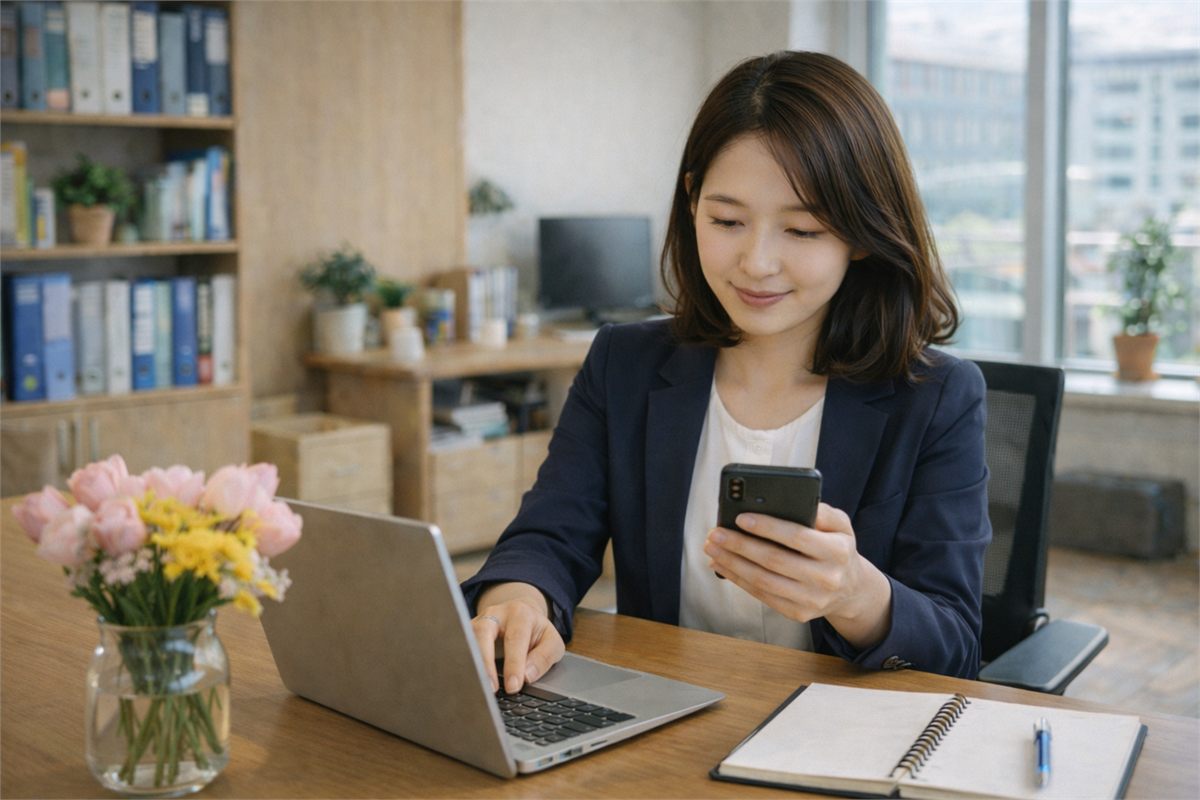 상황에 맞는 인사말 톤을 고르는 한국인 직장인의 책상 장면 