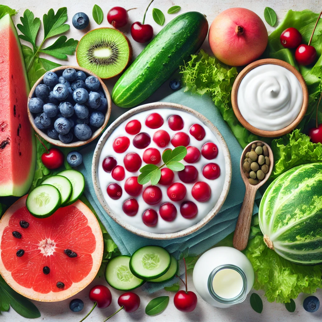 "방광 건강에 좋은 과일, 채소 및 수분 공급에 도움을 주는 음식 이미지"